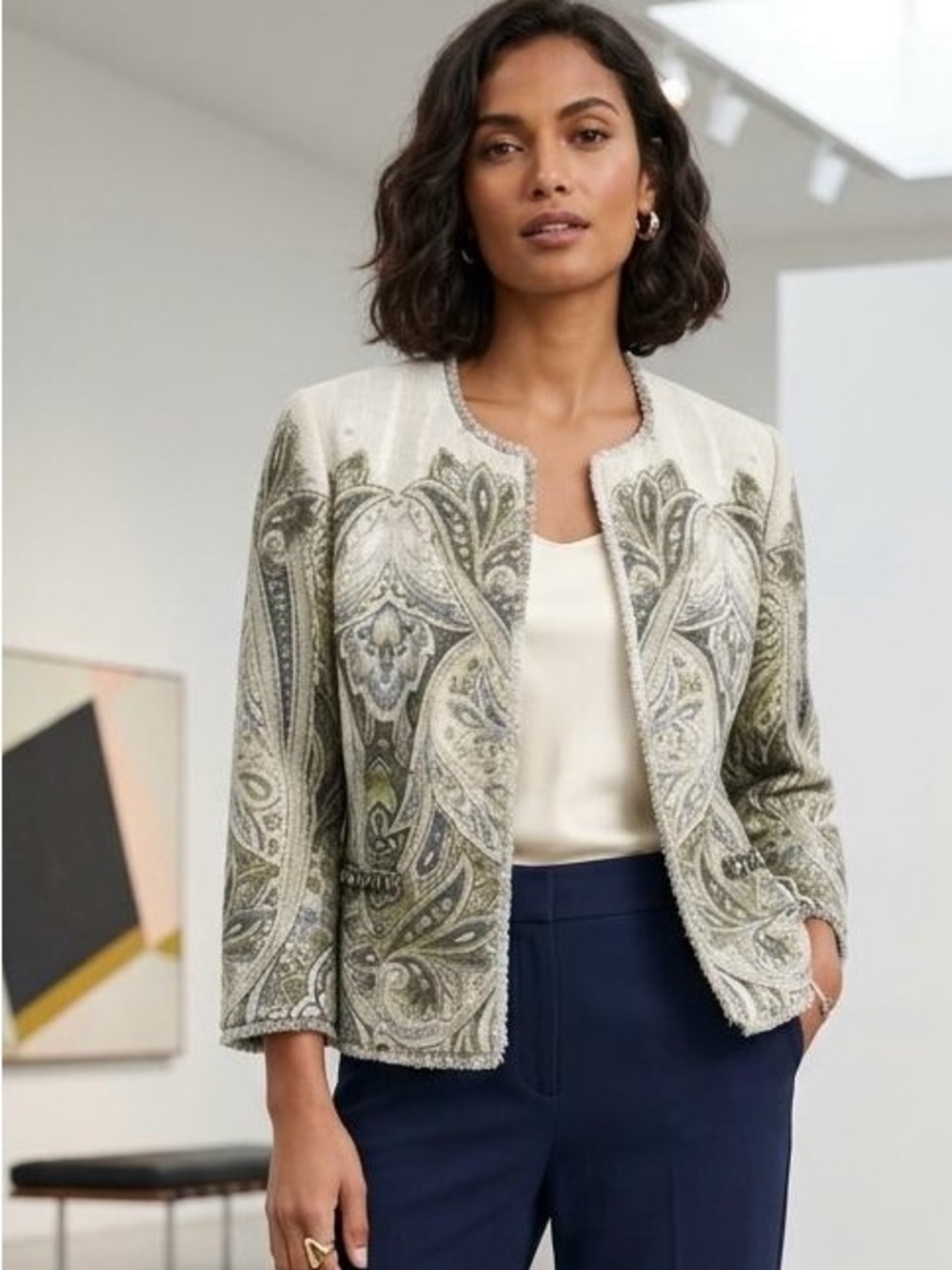 Chico's Cream & Olive Paisley Utility Jacket 100% Cotton